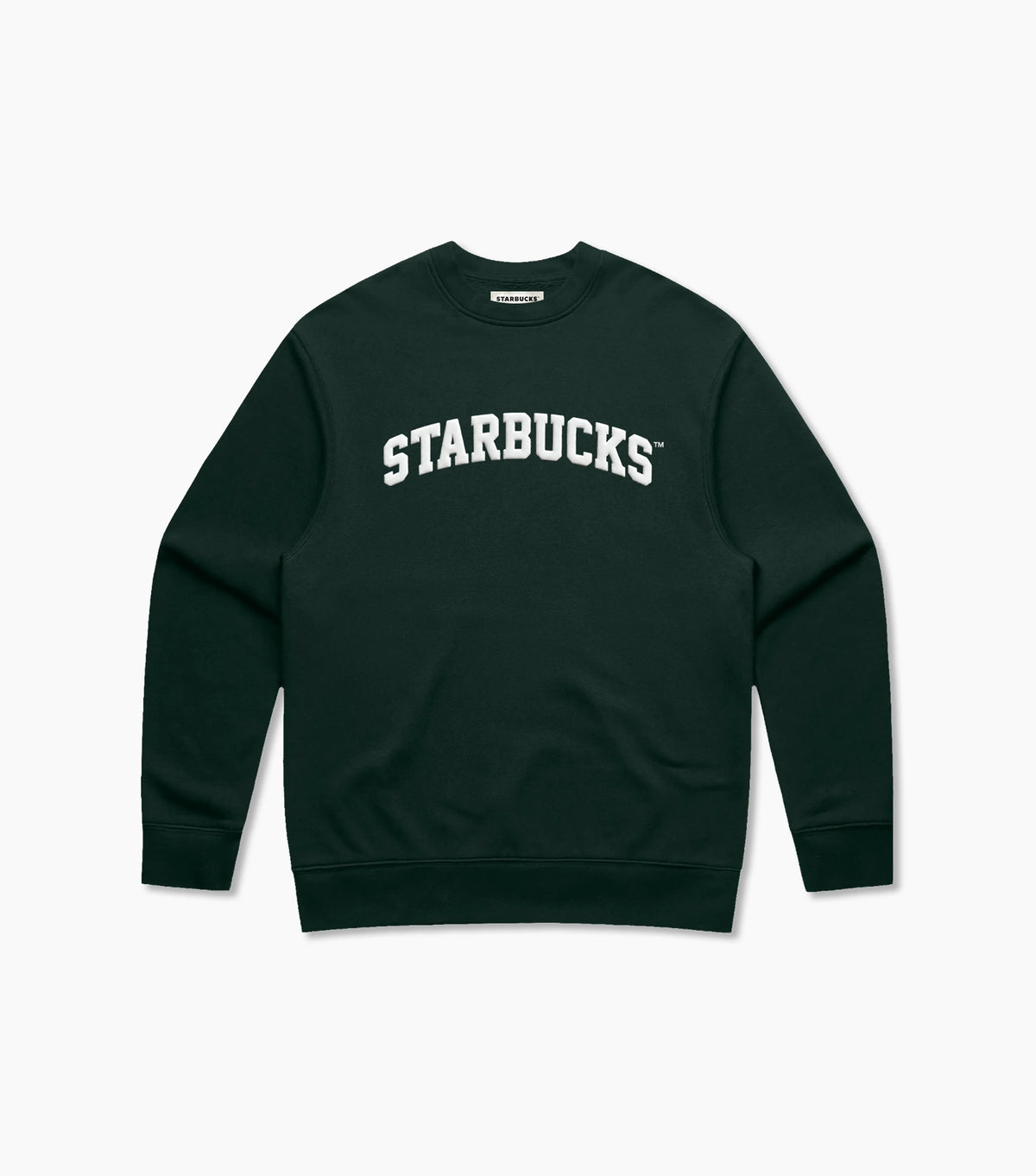 Dark green sweatshirt with 'STARBUCKS' text on a white background