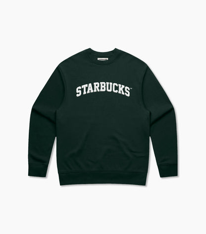 Dark green sweatshirt with 'STARBUCKS' text on a white background