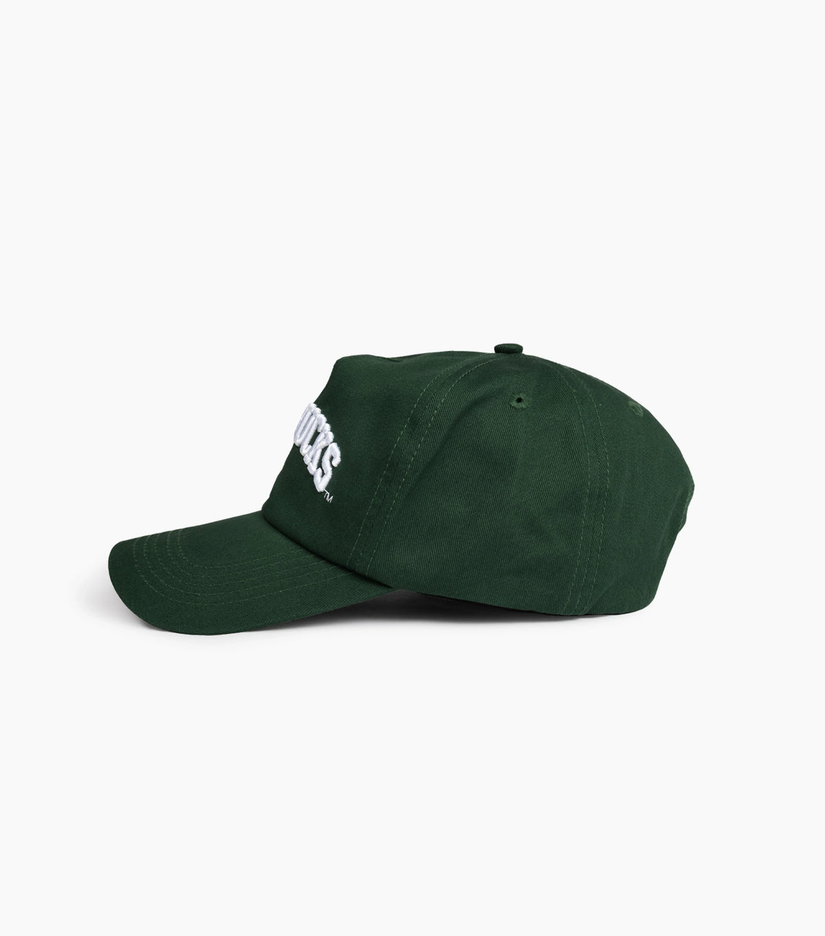 Side view of Starbucks Collegiate Hat in green on white background