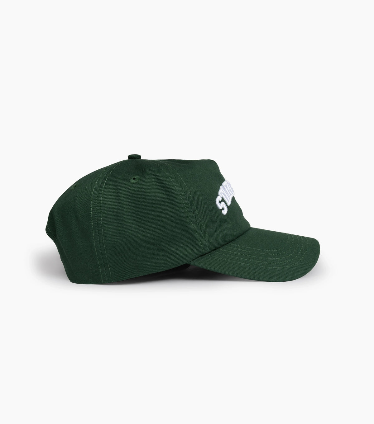 Side view of Starbucks Collegiate Hat in green on white background