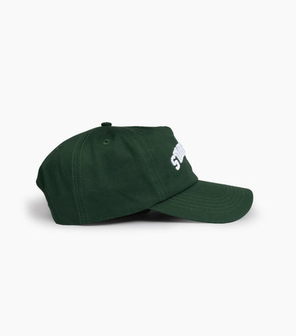 Side view of Starbucks Collegiate Hat in green on white background