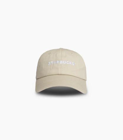 Starbucks Natural Dad Hat with tonal Starbucks text on white background