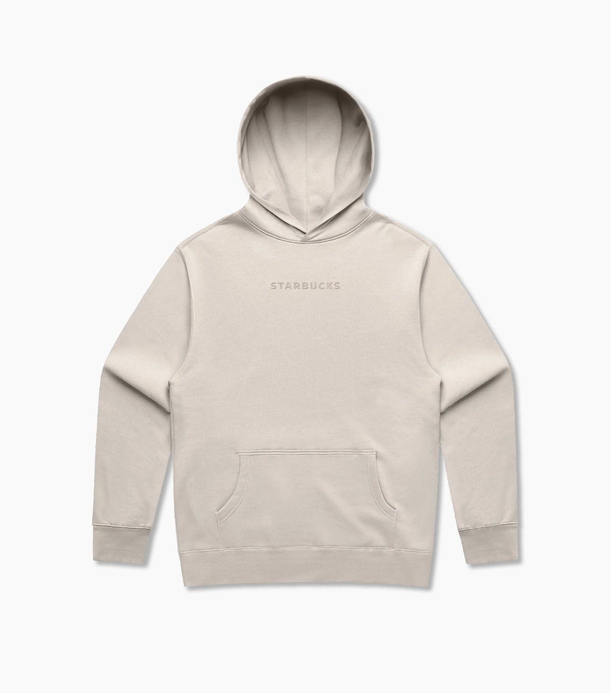 Beige hoodie with tonal Starbucks logo on a white background