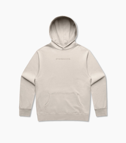 Beige hoodie with tonal Starbucks logo on a white background