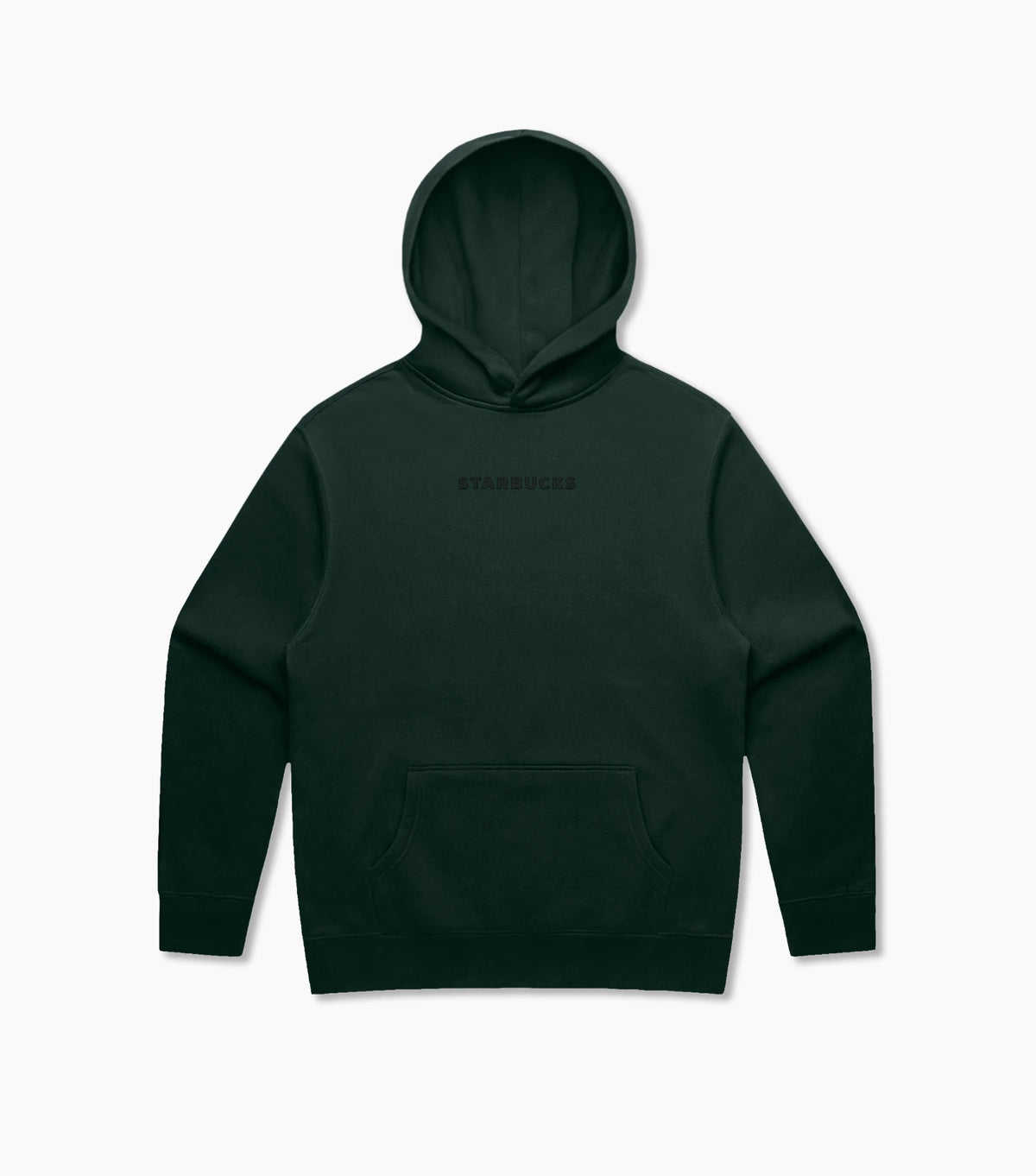 Dark green hoodie with tonal Starbucks logo on a light gray background