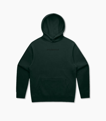 Dark green hoodie with tonal Starbucks logo on a light gray background