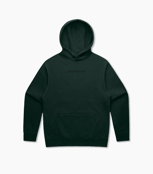 Dark green hoodie with tonal Starbucks logo on a light gray background
