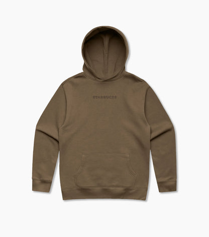 Brown hoodie with tonal 'Starbucks' logo on a white background