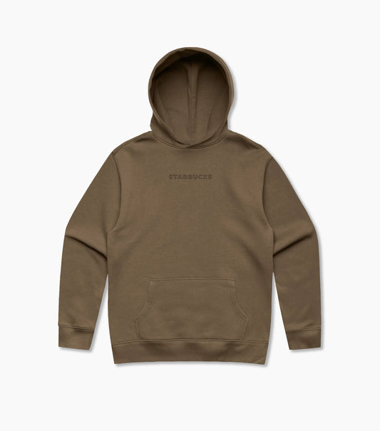 Brown hoodie with tonal 'Starbucks' logo on a white background