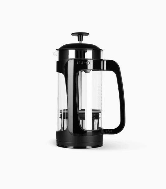A glass ESPRO Press coffee maker with black accent details against a white background.