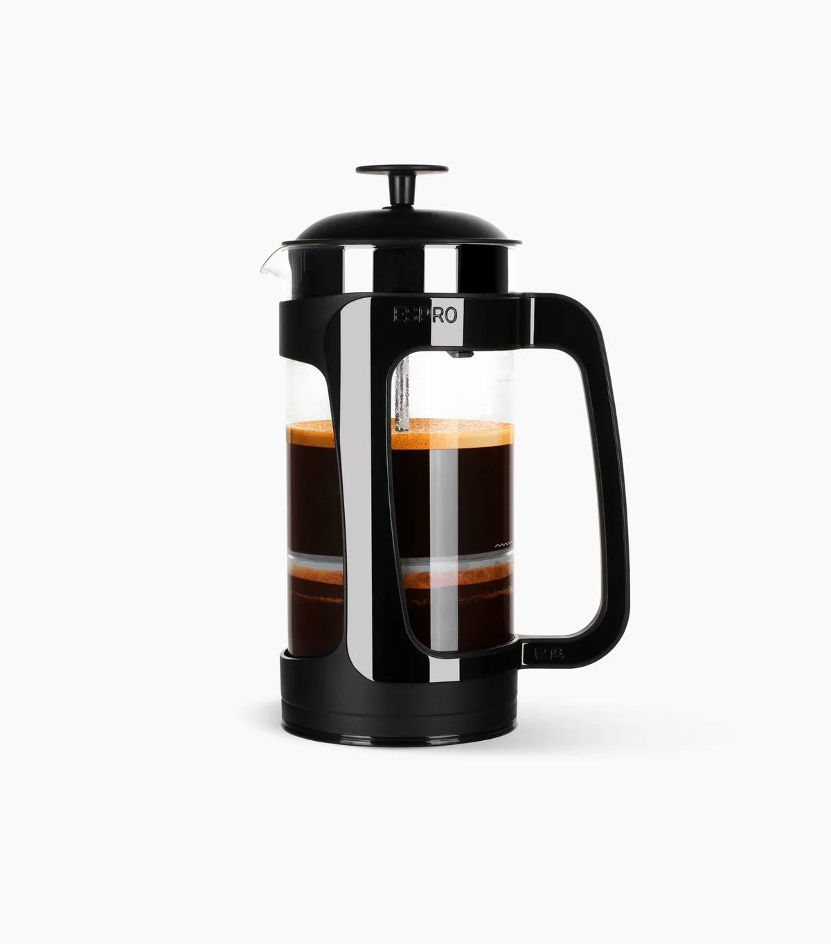 A glass ESPRO Press coffee maker with black accent details, and coffee filled within each layer of the dual micro-filters.
