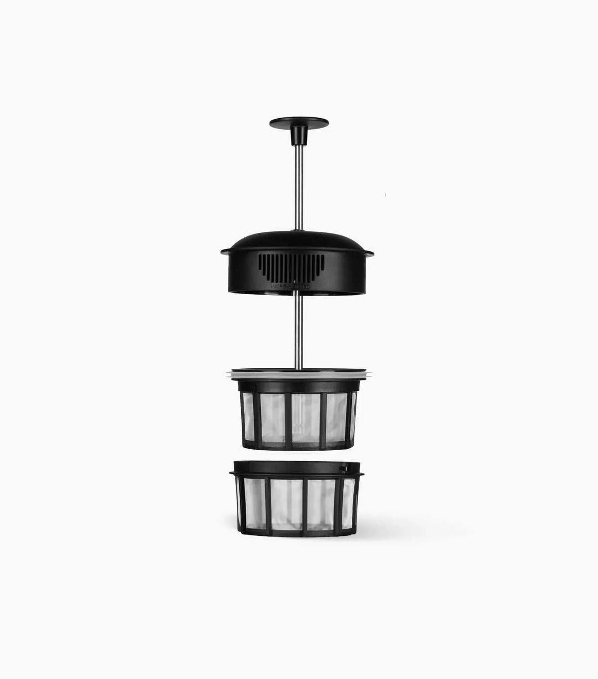 Individual parts of the ESPRO P3 French Press Coffee Maker, including the dual micro-filters, against a white background.