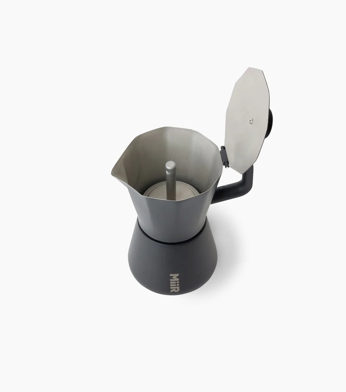 Black Miir Moka Pot Espresso Maker with lid opened, showing the inside of the top chamber, against a white background.