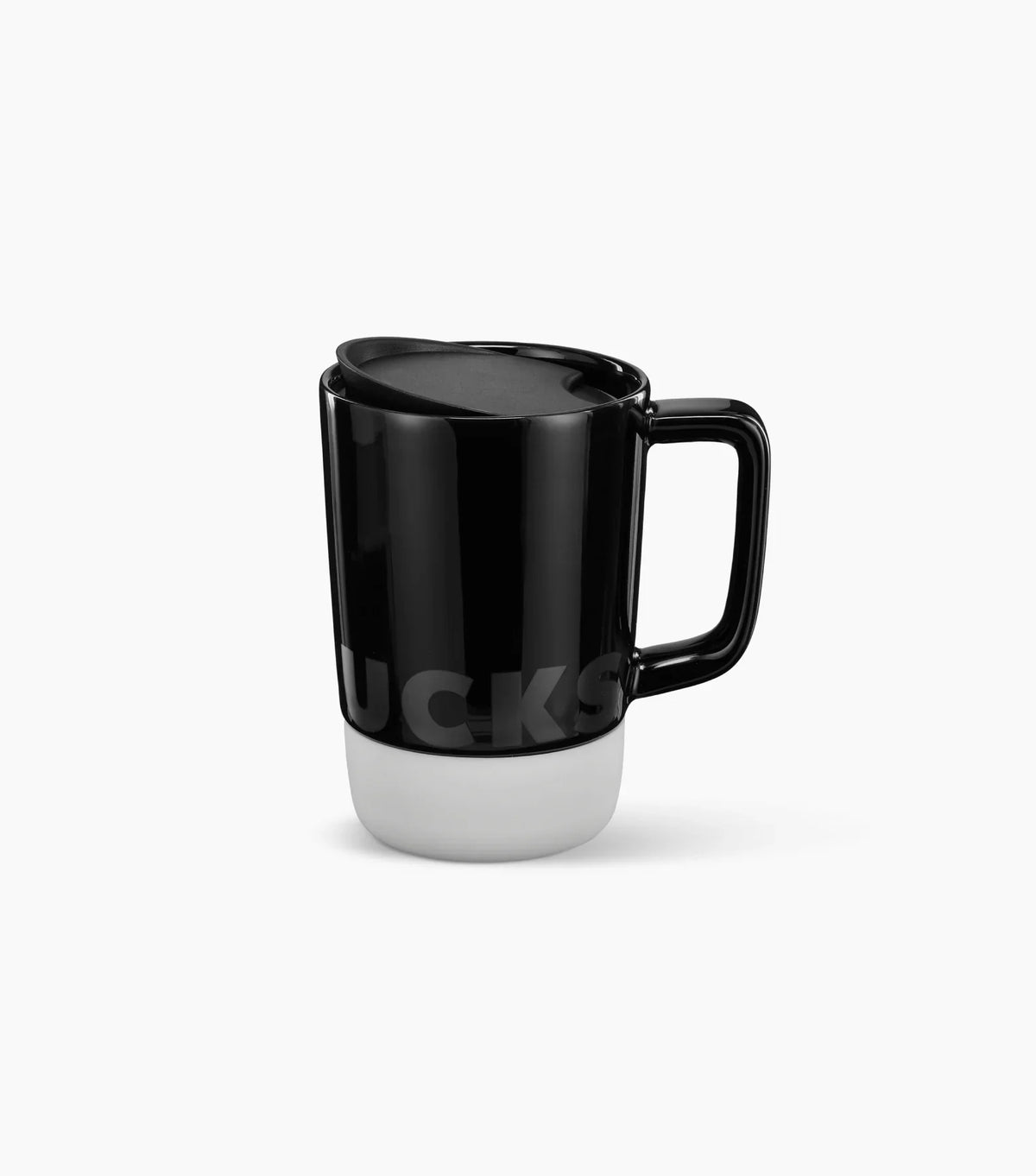 Starbucks Ceramic Desktop Mug - with a black top half featuring the Starbucks brand name logo, and a white bottom half (shown with handle to the right) on a white background.