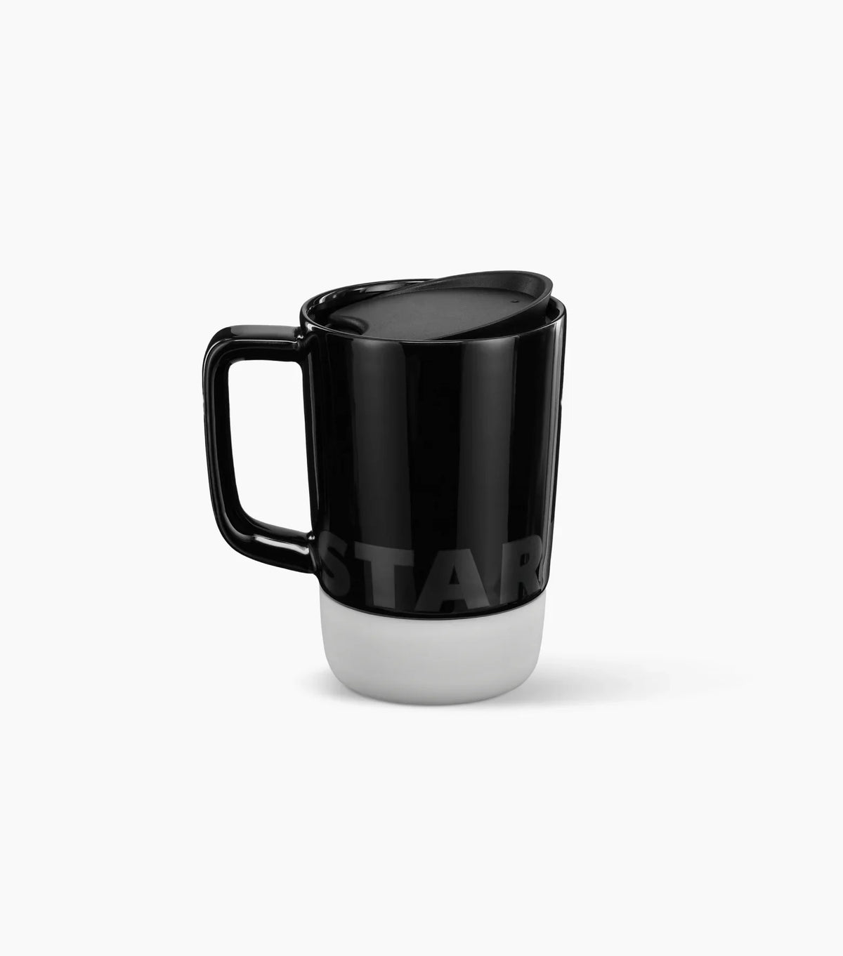 Starbucks Ceramic Desktop Mug - with a black top half featuring the Starbucks brand name logo, and a white bottom half (shown with handle to the left) on a white background.