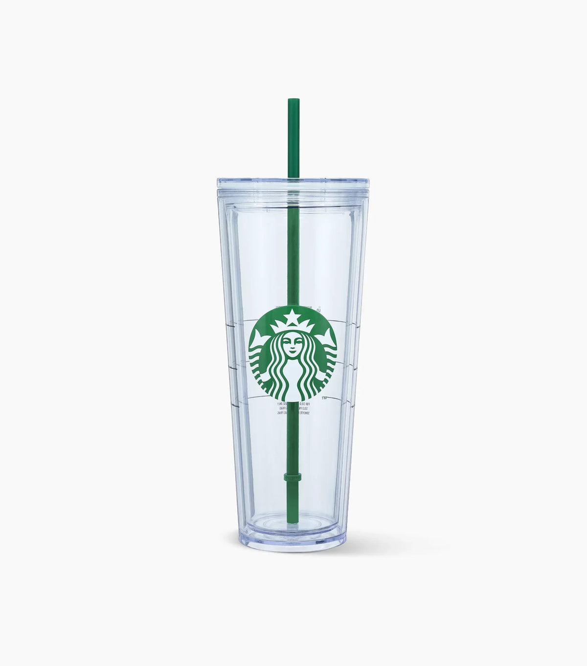 Clear Starbucks tumbler with a green straw on a white background