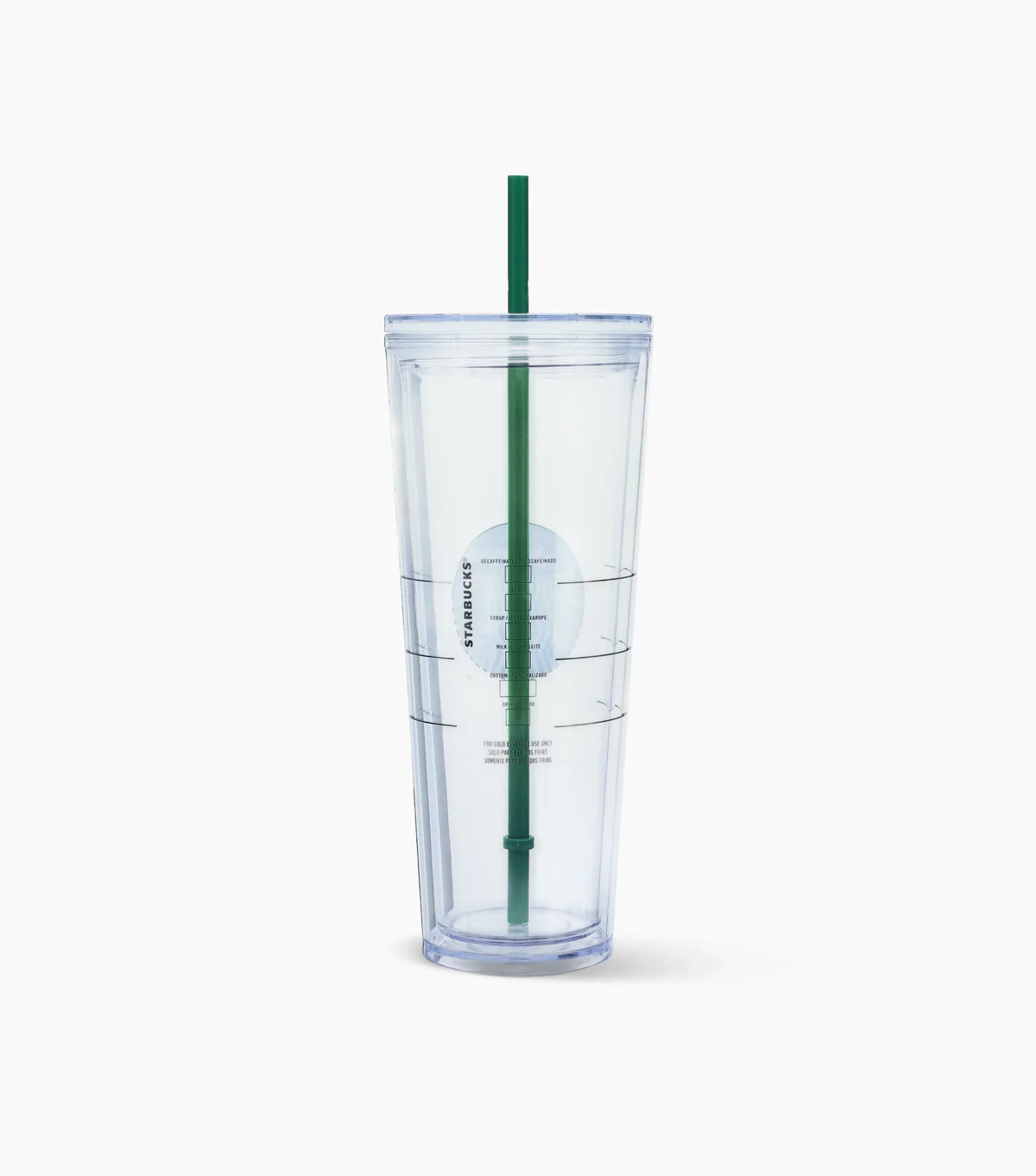 Clear Starbucks tumbler with a green straw on a light gray background