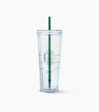 Clear Starbucks tumbler with a green straw on a light gray background