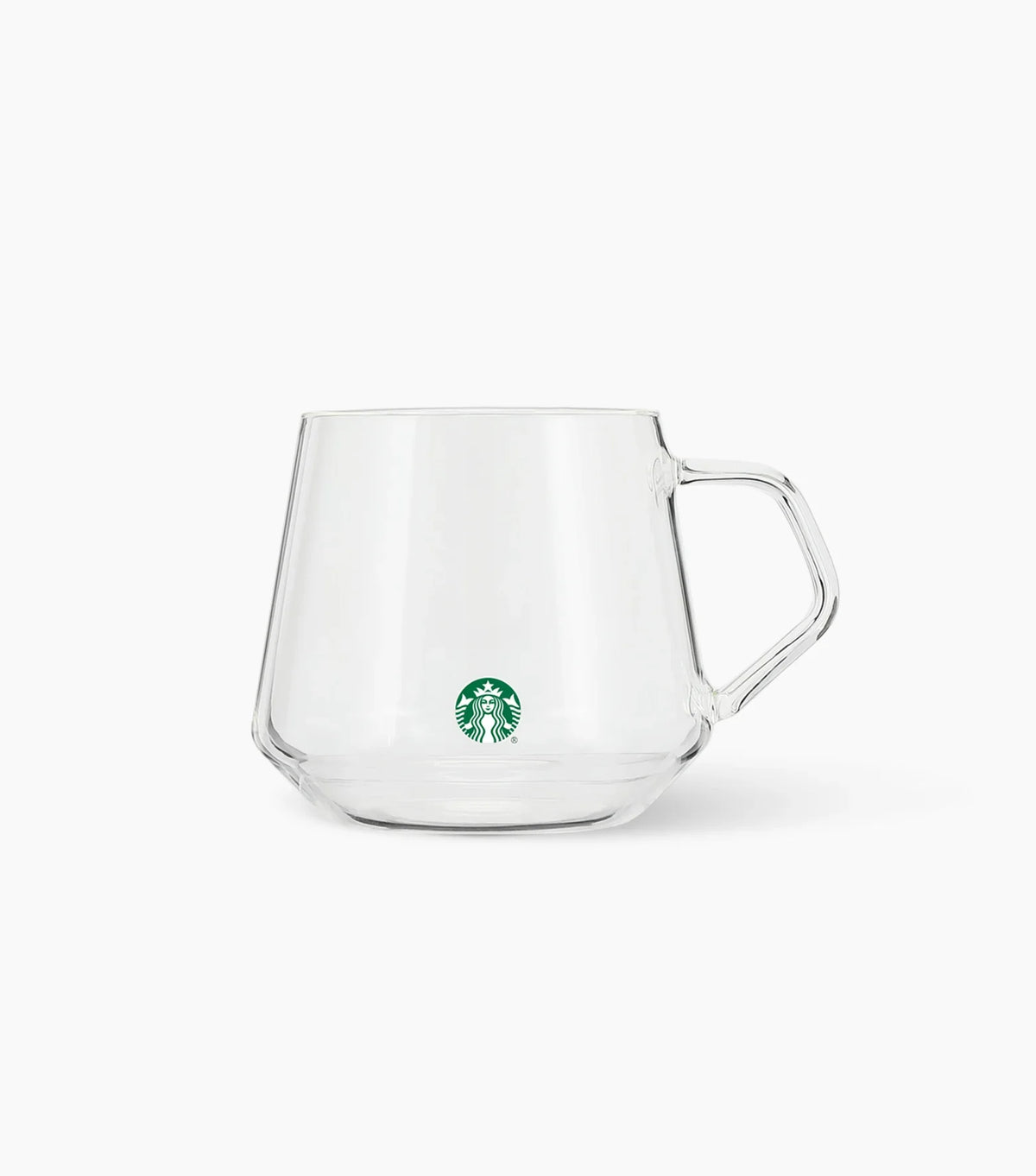 Starbucks Clear Glass Mug with a small siren logo, against a white background.