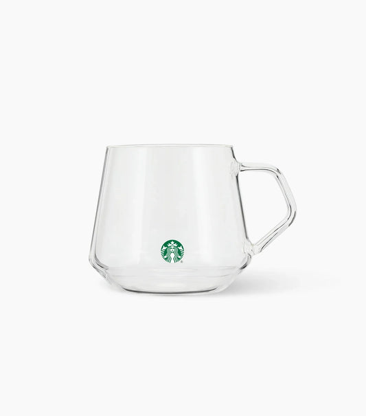 Starbucks Clear Glass Mug with a small siren logo, against a white background.