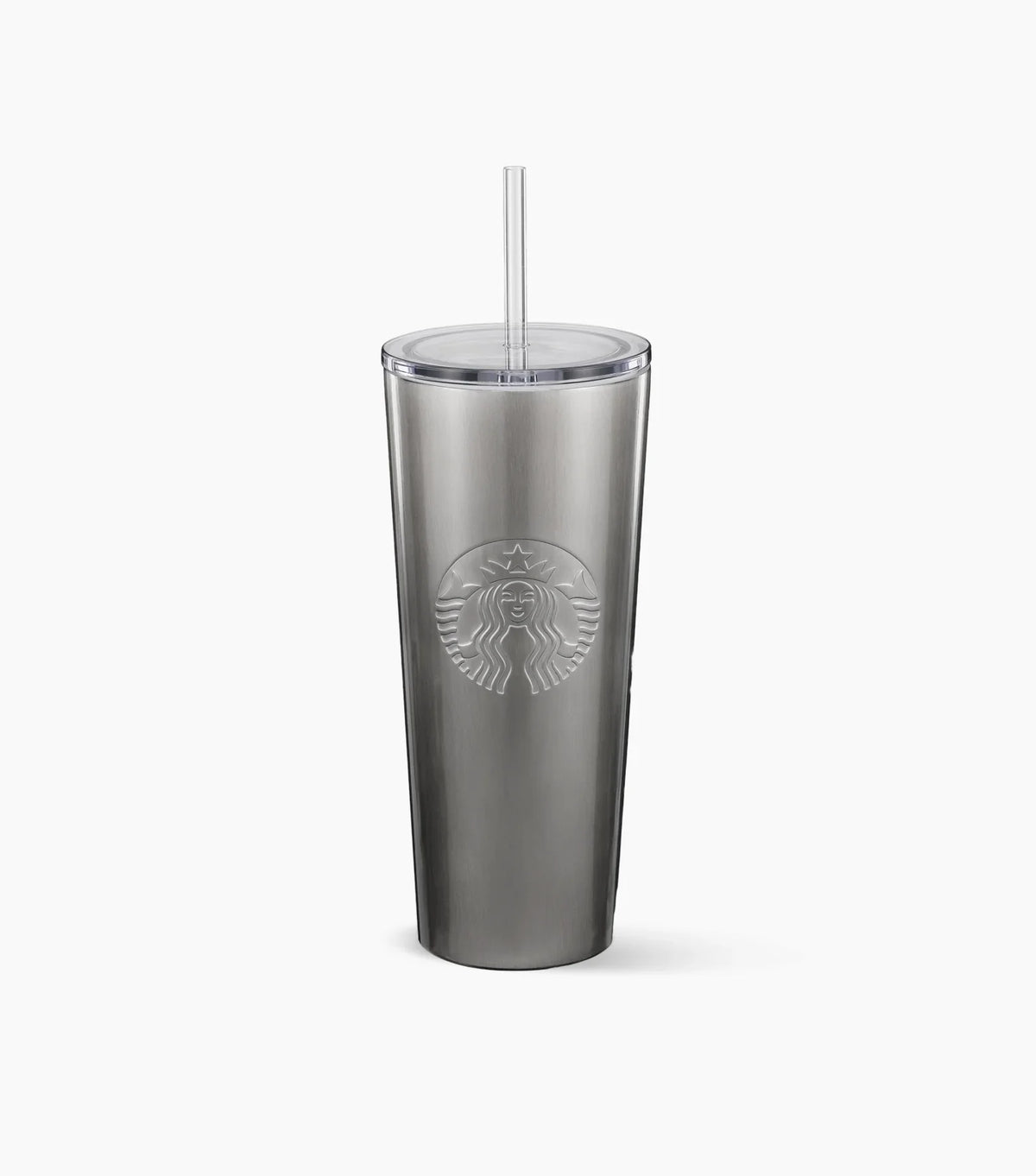 Starbucks Stainless Steel Cold Cup with an embossed Siren logo (straw included) on a white background.