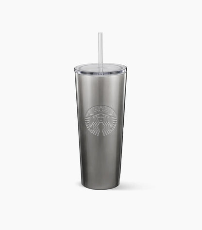 Starbucks Stainless Steel Cold Cup with an embossed Siren logo (straw included) on a white background.