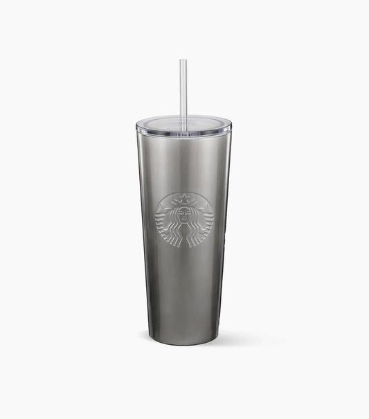 Starbucks Stainless Steel Cold Cup with an embossed Siren logo (straw included) on a white background.