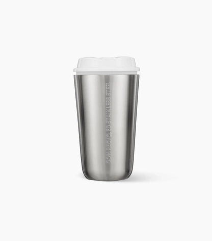 The back of Starbucks Stainless Steel Insulated Cup, with embossed writing that says 50% recycled stainless steel, against a white background.