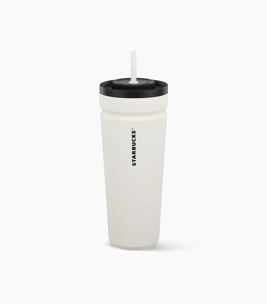 White Starbucks Stainless Steel Twist-to-Seal Cold Cup with Starbucks brand name logo (straw included) against a white background.