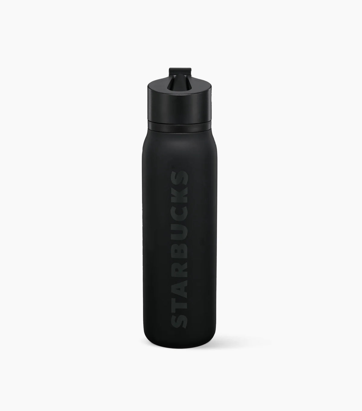 Black Starbucks Stainless Steel Twist-to-Sip Water Bottle, with Starbucks brand name logo at the front, on a white background.
