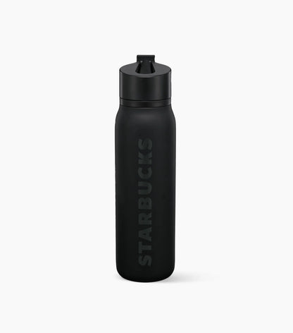 Black Starbucks Stainless Steel Twist-to-Sip Water Bottle, with Starbucks brand name logo at the front, on a white background.