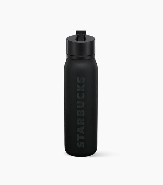 Black Starbucks Stainless Steel Twist-to-Sip Water Bottle, with Starbucks brand name logo at the front, on a white background.