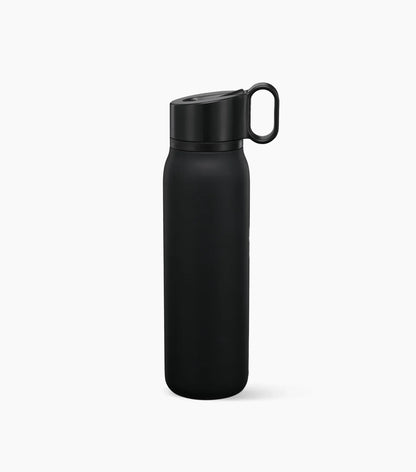 Side of a black Starbucks Stainless Steel Twist-to-Sip Water Bottle with a handle at the cap, on a white background.