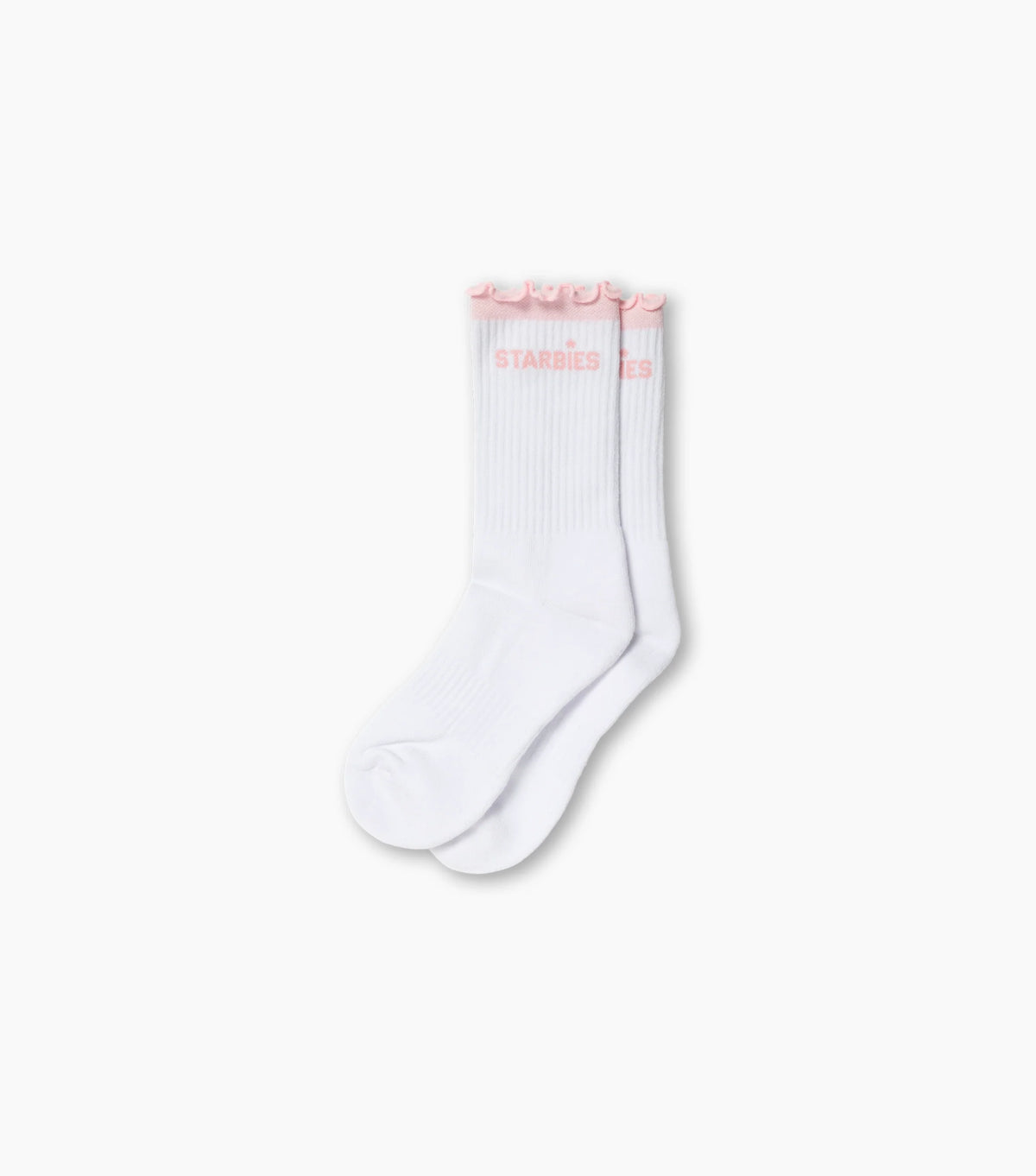 Pair of white ruffle starbies socks on white background