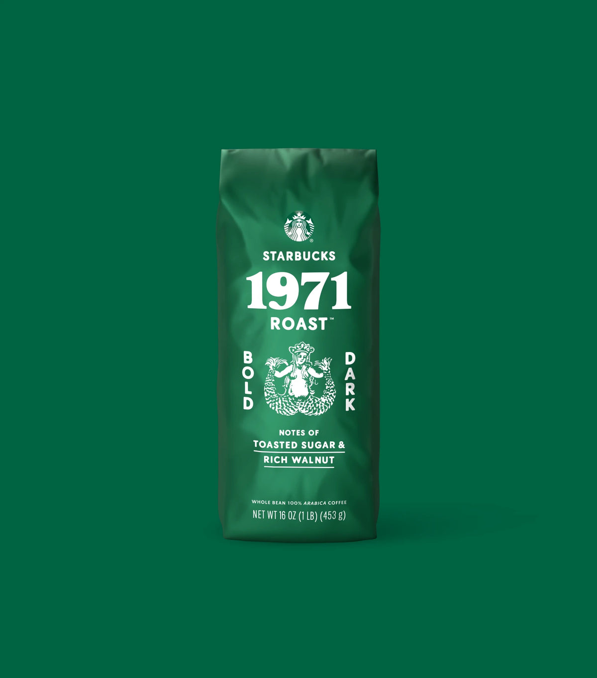 Starbucks 1971 Roast coffee bag on a green background
