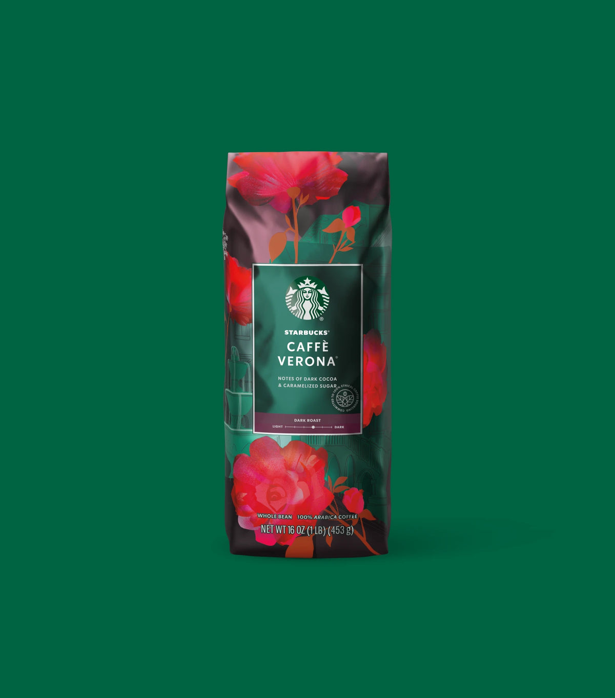 Starbucks Caffè Verona coffee bag with floral design packaging on a green background.
