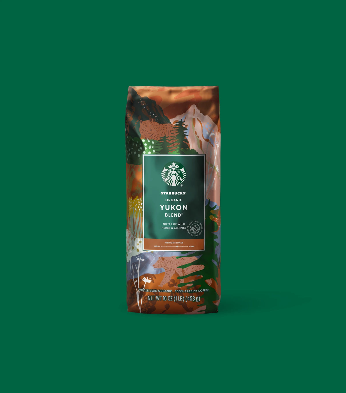 Starbucks Yukon Blend coffee package on a green background