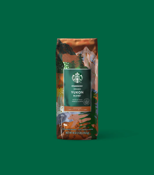 Starbucks Yukon Blend coffee package on a green background