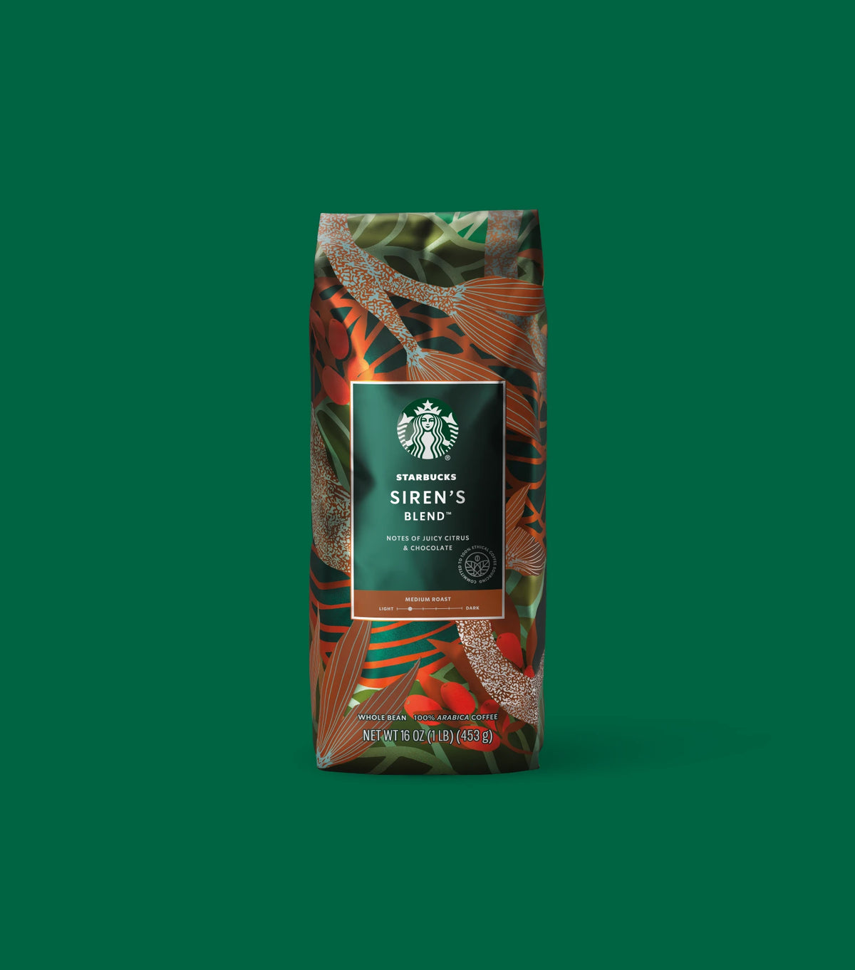 Starbucks Siren's Blend coffee bag on a green background