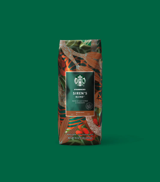 Starbucks Siren's Blend coffee bag on a green background
