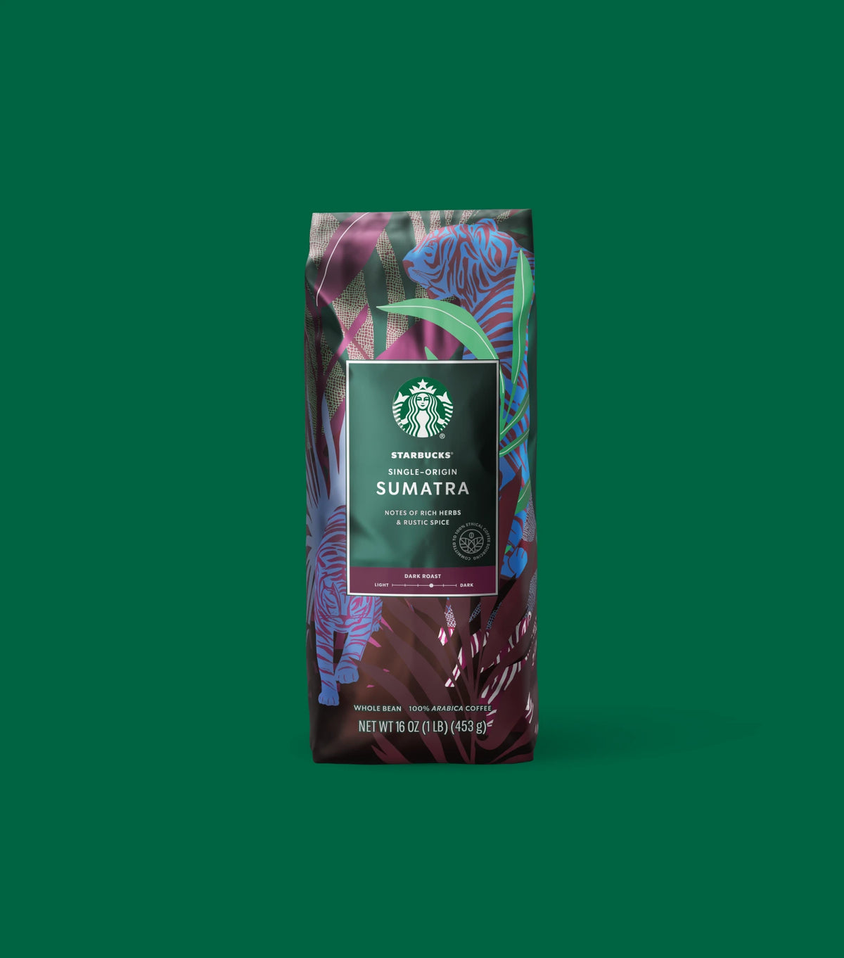 Starbucks Single-Origin Sumatra coffee bag on a green background.