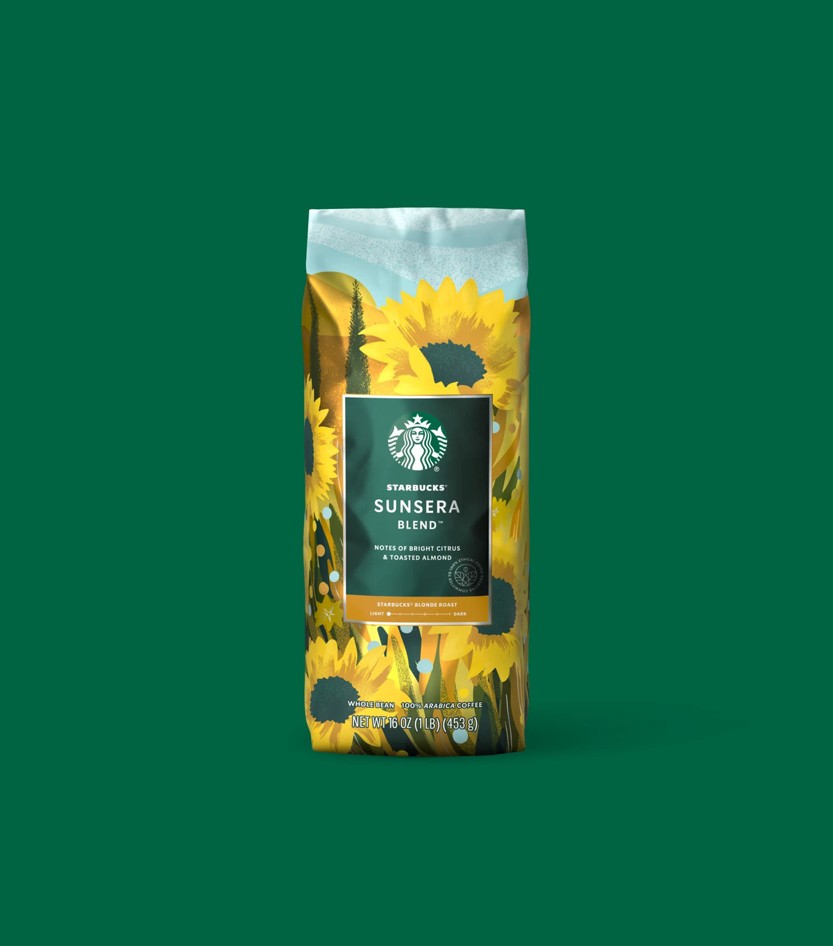 Starbucks Sunsera Blend coffee bag with sunflower design on a green background.