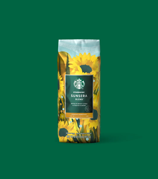 Starbucks Sunsera Blend coffee bag with sunflower design on a green background.