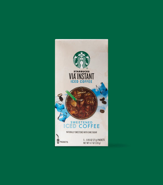 Starbucks VIA Instant Iced Coffee Sweetened Iced Coffee box package on a light green background.