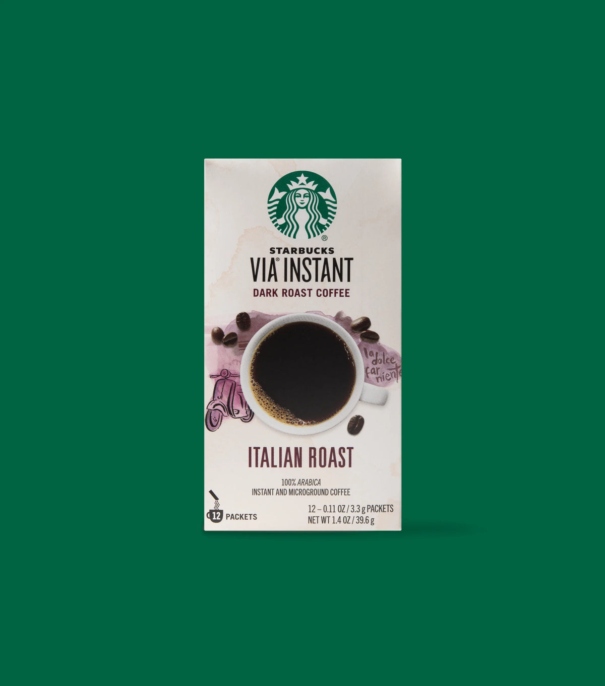 Starbucks VIA Instant Dark Roast Coffee Italian Roast box packaging on a light green background.