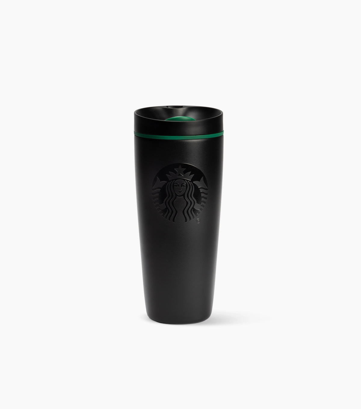 A matte black Starbucks travel tumbler with a matching black lid and a thin green accent ring near the top, shown on a clean white background.