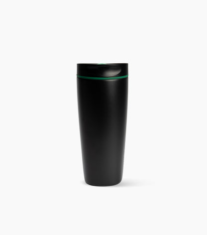 A matte black travel tumbler with a matching black lid and a thin green accent ring near the top, shown on a clean white background.