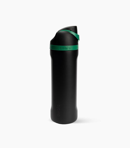 A matte black insulated water bottle with a green band and matching green lid detail, shown on a clean white background.