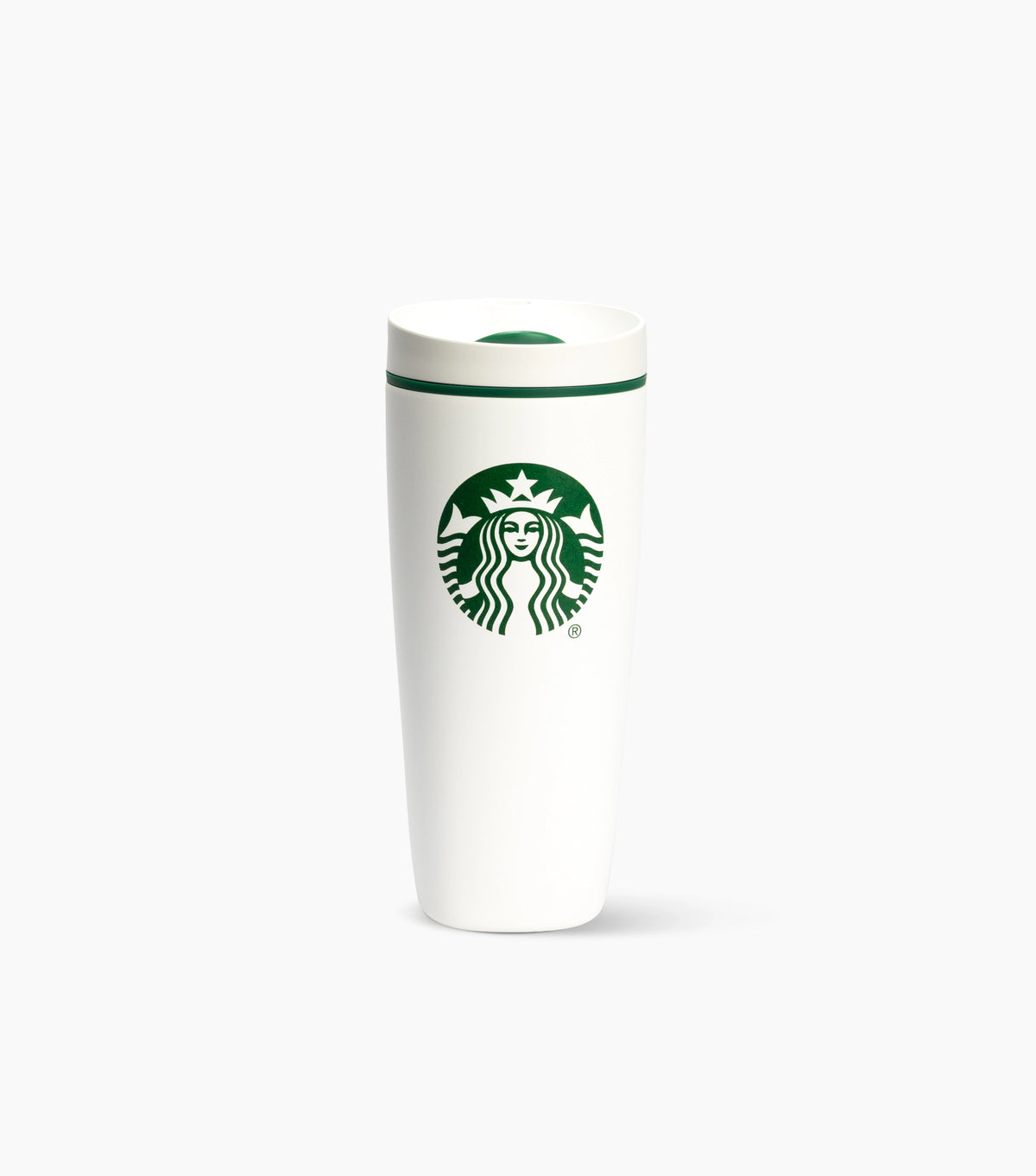 A white reusable Owala tumbler with a green Starbucks siren logo on the front on a clean white background.
