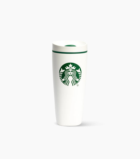 A white reusable Owala tumbler with a green Starbucks siren logo on the front on a clean white background.